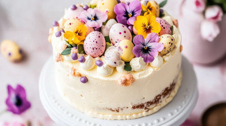 A beautifully decorated cake adorned with vibrant flowers and Easter eggs, ideal for festive gatherings, spring celebrations, and joyful occasions, showcasing delightful colors and textures.の素材