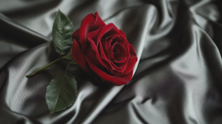 A stunning red rose lays gracefully on soft black satin, creating a beautiful contrast. This image evokes feelings of love and elegance, ideal for romantic themes and designs.の素材