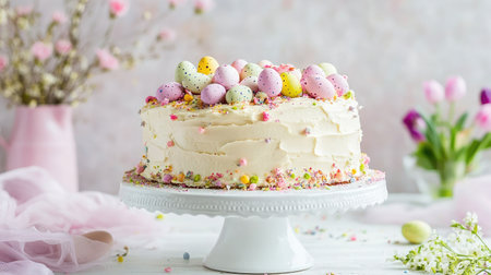 A delightful Easter cake adorned with pastel candy eggs, perfect for spring celebrations, set against a floral backdrop that enhances its festive charm.の素材