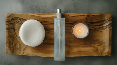 Discover a serene spa setup featuring a soft beauty sponge, a sleek water bottle, and a calming candle, all elegantly displayed on a rustic wooden board. Perfect for self-care.の素材