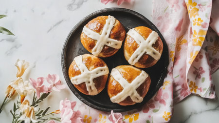 Enjoy the sight of freshly baked hot cross buns with icing on a round plate, complemented by delicate flowers and a soft cloth on a marble surface, perfect for festive occasions.の素材