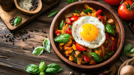 Fresh vegetable stir-fry featuring a sunny side up egg garnished with basil and accompanied by vibrant tomatoes, peppers, and onions on a rustic wooden table.の素材
