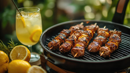 A mouthwatering display of grilled meat skewers paired with refreshing lemonade, perfect for summer gatherings. Enjoy the vibrant colors and flavors outdoors!の素材