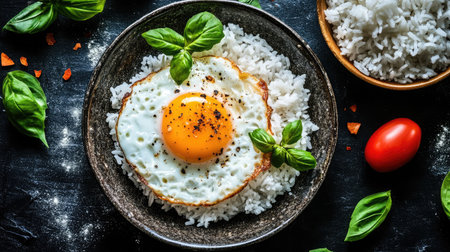 A beautifully arranged dish featuring a fried egg atop fluffy rice, complemented by vibrant basil leaves and a ripe tomato, showcasing a delightful breakfast scene.の素材