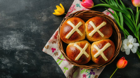 A charming presentation of freshly baked sweet buns adorned with white crosses, nestled in a rustic basket with colorful spring flowers on a dark tabletop.の素材