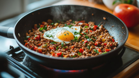 A vibrant skillet filled with ground meat, colorful vegetables, and a perfectly cooked sunny-side-up egg, ideal for food enthusiasts and home cooks.の素材