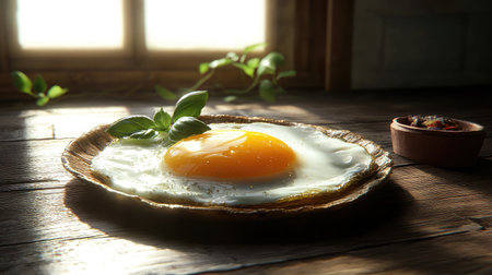 A beautifully arranged sunny side up egg on a rustic wooden plate with fresh basil and a side dish, bathed in warm natural light, perfect for a cozy breakfast scene.の素材