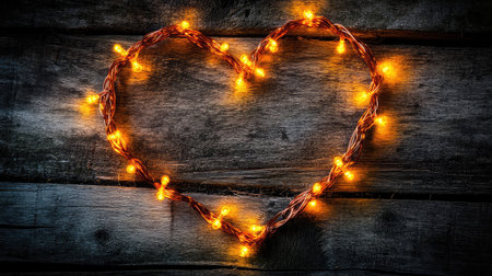 Capture the essence of romance with heart-shaped decorative lights on a rustic wooden surface, creating a warm and inviting atmosphere for love and celebration.の素材