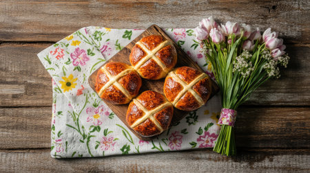 A delightful arrangement of freshly baked hot cross buns on a rustic wooden board, paired with a vibrant floral cloth and a lovely bouquet of pink tulips. Perfect for spring!の素材