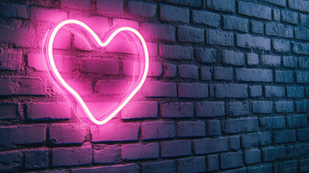 A glowing neon heart illuminates a textured brick wall, creating a warm and romantic atmosphere ideal for love-themed designs, photography, or creative projects.の素材