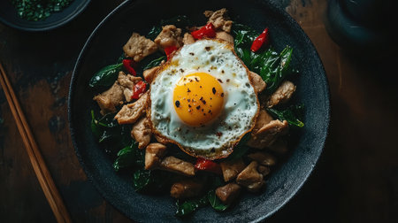 A vibrant bowl of stir-fried chicken with fresh vegetables and a perfectly fried egg on top, creating a delicious and appealing dish ideal for culinary photography.の素材