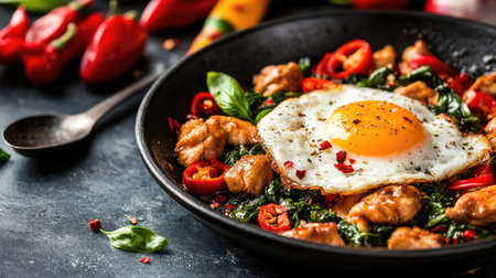 This vibrant stir-fried chicken dish features fresh vegetables, chili peppers, and a perfectly cooked fried egg, showcasing a delightful harmony of flavors and colors.の素材