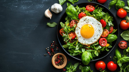 A vibrant composition featuring a healthy salad topped with a frying egg, cherry tomatoes, and fresh basil, set against a dark table, perfect for showcasing culinary creativity.の素材
