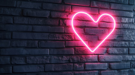 Bright neon heart sign illuminates a dark brick wall, creating a romantic and modern atmosphere perfect for interior design inspiration and creative decor ideas.の素材