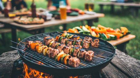 Savory skewers of grilled meat and fresh vegetables showcase a perfect outdoor barbecue experience, ideal for summer gatherings and delicious meals with friends.の素材