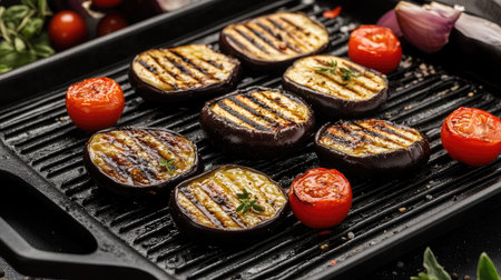 A vibrant scene featuring grilled eggplant and tomatoes on a cast iron grill, showcasing beautiful grill marks that enhance the culinary experience for food enthusiasts.の素材