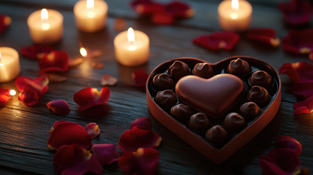 A stunning heart-shaped box of chocolates is artistically arranged with rose petals and soft candlelight, creating a romantic and inviting atmosphere perfect for special celebrations.の素材
