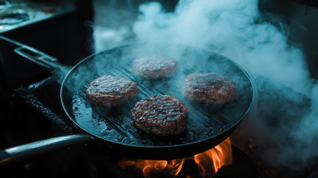 A vibrant scene depicting the sizzling process of cooking beef patties in a pan, with smoke and flames, showcasing the culinary skill and passion for delicious burger-making.の素材
