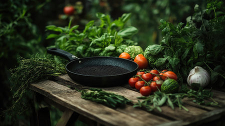 A black frying pan displayed on a rustic wooden table, surrounded by a variety of fresh vegetables and herbs, capturing a vibrant and healthy outdoor culinary scene.の素材