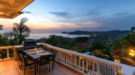 Experience the beauty of an outdoor dining area with a stunning ocean view at sunset, complete with a BBQ grill and elegant furniture surrounded by lush greenery.の素材