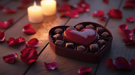 A heart-shaped box filled with chocolates, elegantly placed among rose petals and glowing candles, creating a warm romantic atmosphere for special occasions.の素材