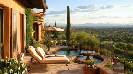 Discover a tranquil patio scene featuring a stylish pool and lounge area with stunning mountain views, perfect for relaxation and enjoyment in a beautiful outdoor setting.の素材