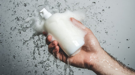 A hand presents a pump bottle of liquid soap, creating a dynamic scene with foam and water splashes, symbolizing cleanliness and rejuvenation in personal care.の素材