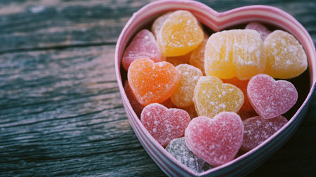 A delightful assortment of heart-shaped gummies in a pink box, set on a rustic wooden background, perfect for celebrating love, sharing sweetness, or gifting to friends.の素材