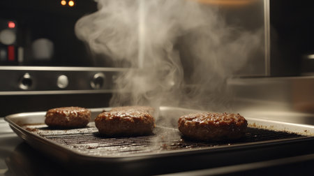 A close-up view of beef burgers sizzling on a grill in a modern kitchen, surrounded by steam, showcasing a delicious cooking process and inviting culinary aromas.の素材