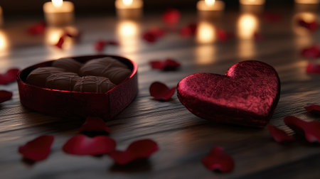 A cozy and romantic scene featuring a heart-shaped box of chocolates nestled among rose petals, illuminated softly by flickering candles, perfect for celebrating love.の素材