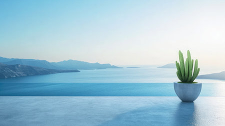A minimalist coastal scene showcases a solitary succulent plant in a stylish pot, overlooking tranquil waters, gentle mountains, and a clear sky, perfect for serene environments.の素材