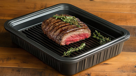 A beautifully cooked steak with grill marks sits on a black pan, garnished with fresh thyme, showcasing a rustic wooden background perfect for food enthusiasts.の素材