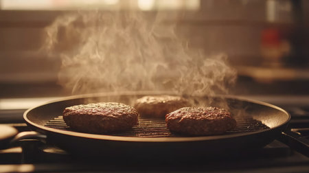 Experience the joy of cooking with this close-up image of juicy beef burgers sizzling on a grill pan, surrounded by warm kitchen ambiance and rising steam.の素材