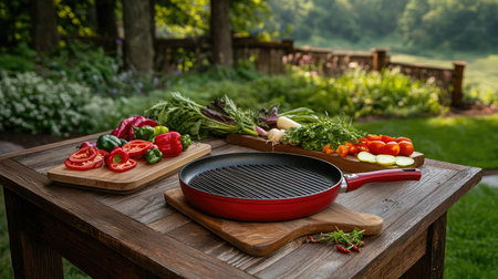A vibrant outdoor scene featuring a grill pan and fresh vegetables laid out on a rustic wooden table, highlighting a sunny garden backdrop perfect for culinary inspiration.の素材