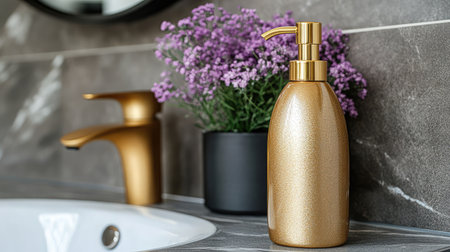 A visually striking bathroom scene showcasing a luxurious gold soap dispenser, modern faucet, and charming purple flowers on a sleek marble surface. Perfect for decor inspiration.の素材