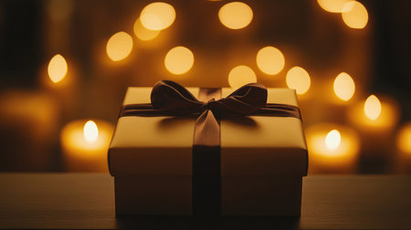 An elegant gift box adorned with a dark ribbon sits against a backdrop of soft bokeh lights, evoking warmth and celebration, perfect for the holiday season and special moments.の素材