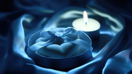 A captivating scene featuring a heart-shaped soap nestled in a gift box alongside a lit candle, all set against soft blue satin fabric, creating a romantic and tranquil atmosphere.の素材