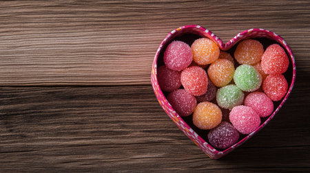 A heart-shaped box filled with vibrant assorted gummies resting on a rustic wooden table, ideal for sweet treats, celebrations, or thoughtful gifts for loved ones.の素材