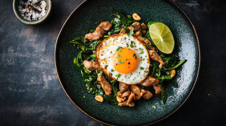 A flavorful plate featuring stir-fried greens with tender pork, topped with a perfectly fried egg, peanuts, and a slice of lime, ideal for an appetizing meal.の素材