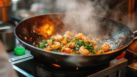 This dynamic image captures the excitement of cooking a shrimp stir-fry in a hot wok, showcasing vibrant vegetables, aromatic steam, and a lively kitchen atmosphere.の素材