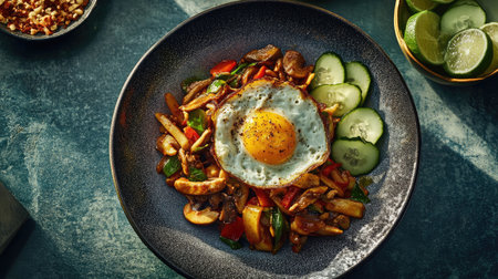 This mouthwatering stir-fried dish features tender chicken, fresh vegetables, and a perfectly fried egg, making it a colorful and nutritious meal ideal for any occasion.の素材