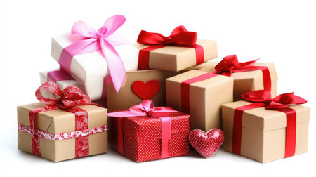 Brighten your special occasions with a charming display of gift boxes adorned with ribbons and hearts, perfect for conveying love and joy during celebrations.の素材