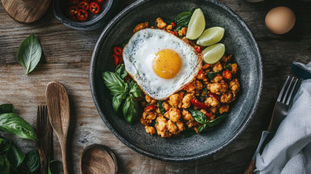 A vibrant and appetizing spicy egg dish garnished with fresh herbs, lime, and chili peppers, showcasing rustic charm and perfect for a delightful meal.の素材