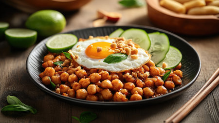 A vibrant chickpea dish topped with a fried egg and fresh vegetables, served on a rustic plate with lime and cucumber for a healthy, flavorful meal option.の素材