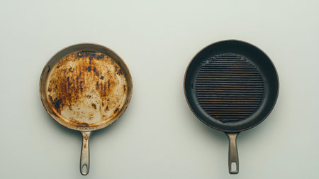 A close-up view of two distinct cooking pans, one dirty and rusty, the other clean with grill patterns, emphasizing different textures against a soft background.の素材