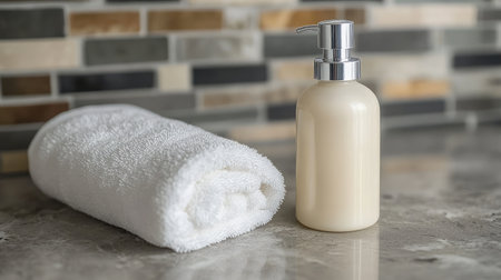 A soothing scene showcasing a creamy lotion bottle beside a plush white towel, set against a chic mosaic tile backdrop, ideal for promoting relaxation and wellness.の素材