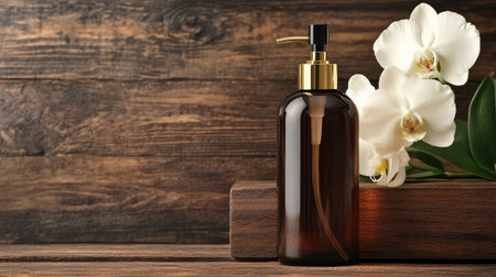 A stylish brown glass pump bottle with a gold lid stands next to pristine white orchids, set against a rustic wooden backdrop, perfect for beauty and wellness themes.の素材