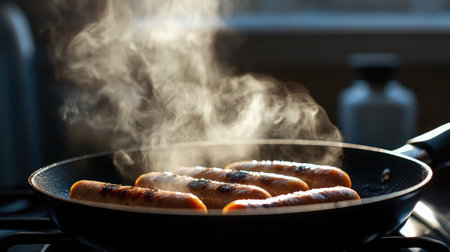 A close-up of sizzling hot dogs in a frying pan, with steam rising to create an enticing culinary atmosphere, evoking a sense of home-cooked comfort and flavor.の素材