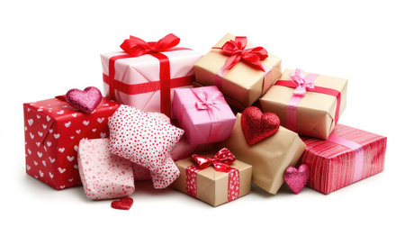 A delightful arrangement of vividly wrapped gift boxes adorned with decorations and ribbons, perfect for celebrations and conveying love on special occasions.の素材
