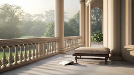 A beautiful porch captures morning serenity with elegant pillars, a cozy bench, and lush greenery, creating a peaceful setting for relaxation and connection with nature.の素材